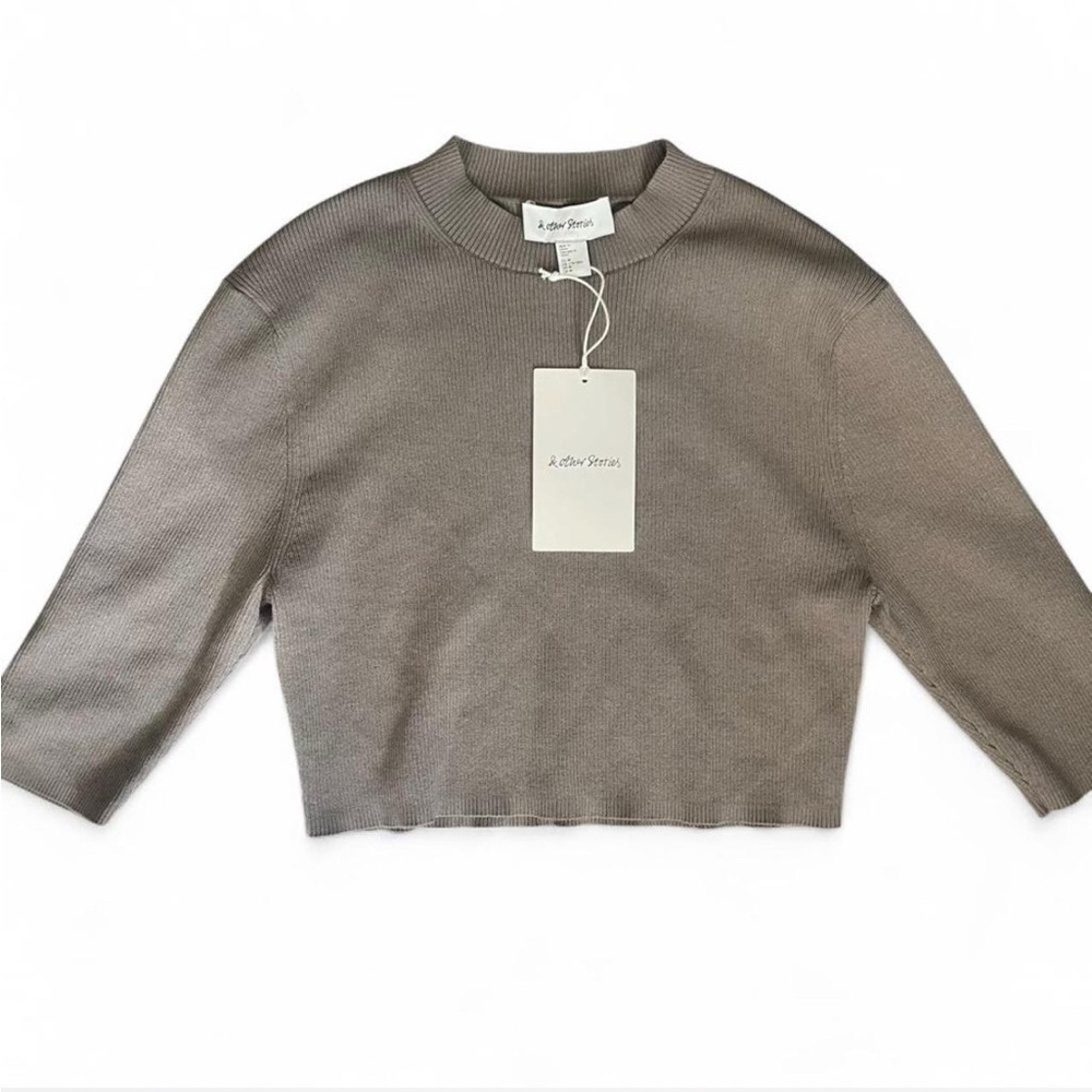 & Other Stories Ribbed Knit 3/4 length sleeve crop top in taupe gray NWT